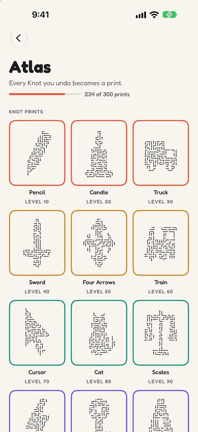 The Atlas screen: a grid of Knot prints, such as Pencil, Candle, Truck, Sword and Cat, 234 of 300 collected.