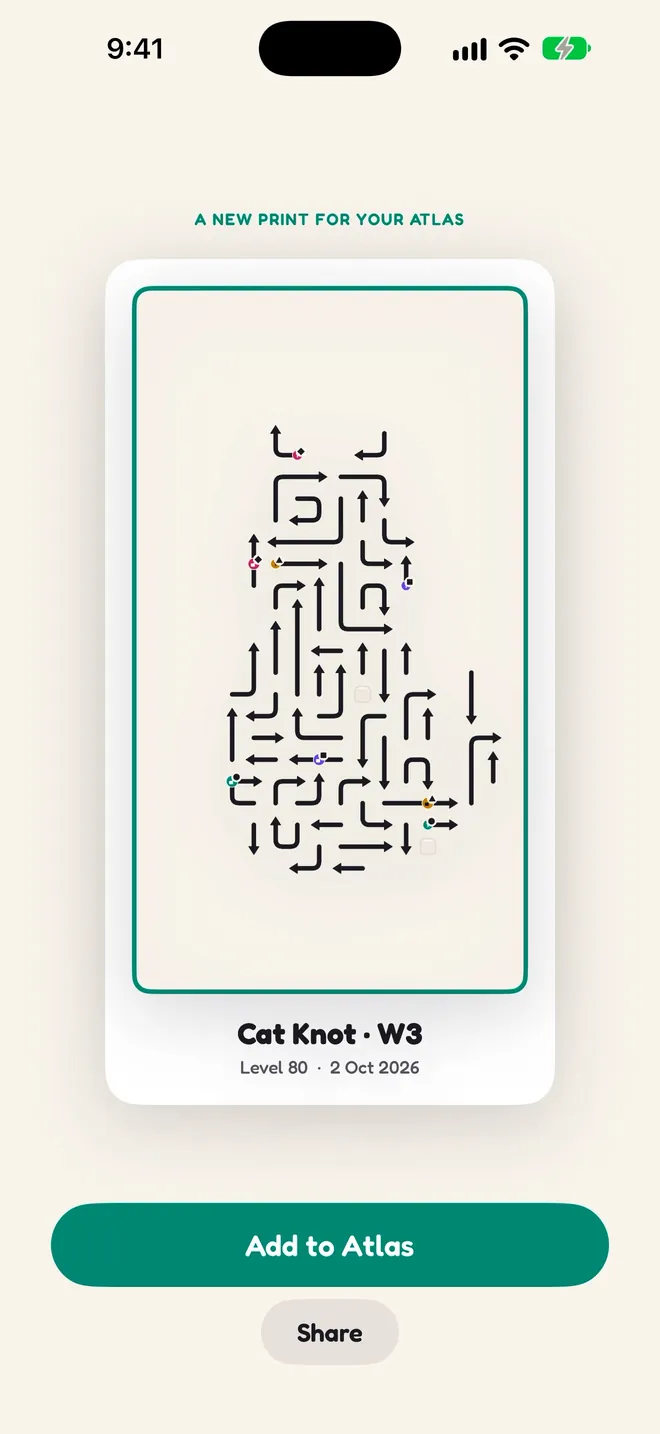 A new print for your Atlas: the Cat Knot from World 3, with Add to Atlas and Share buttons.